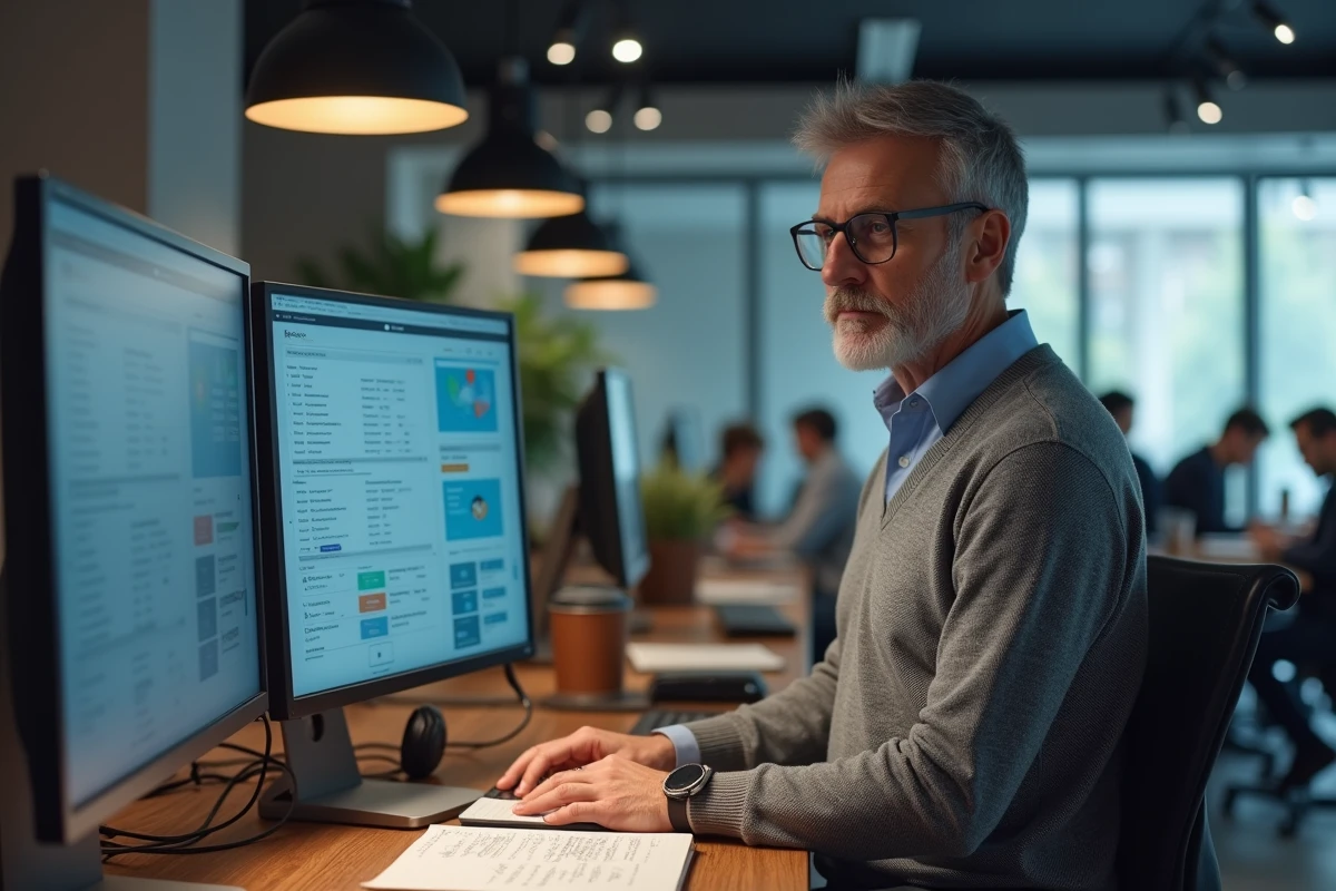 Homme vérifiant des sources d'information numériques dans un bureau moderne pour distinguer le vrai du faux