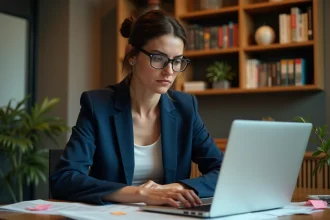 Femme analysant des informations en ligne pour vérifier leur fiabilité sur un ordinateur portable