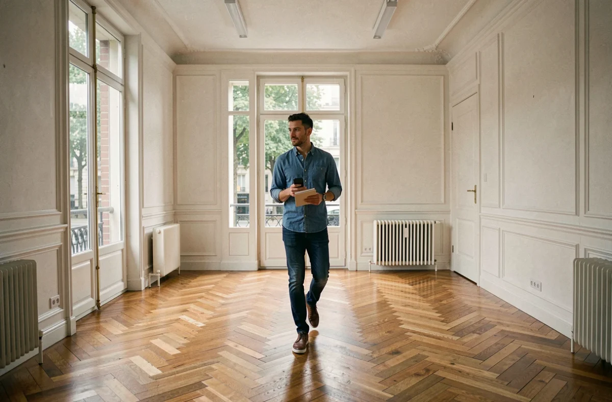 Entrepreneur visitant un bureau vide à louer dans un immeuble haussmannien de Vincennes