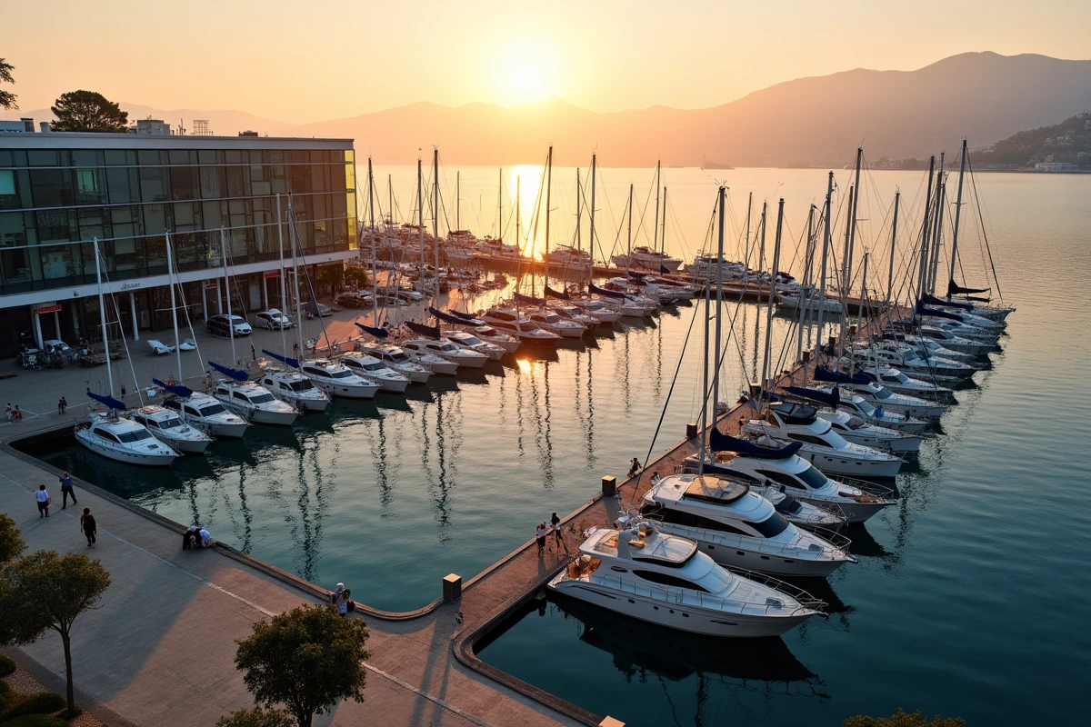 Vue panoramique d'un port de plaisance moderne au crépuscule avec bateaux amarrés et promenade animée