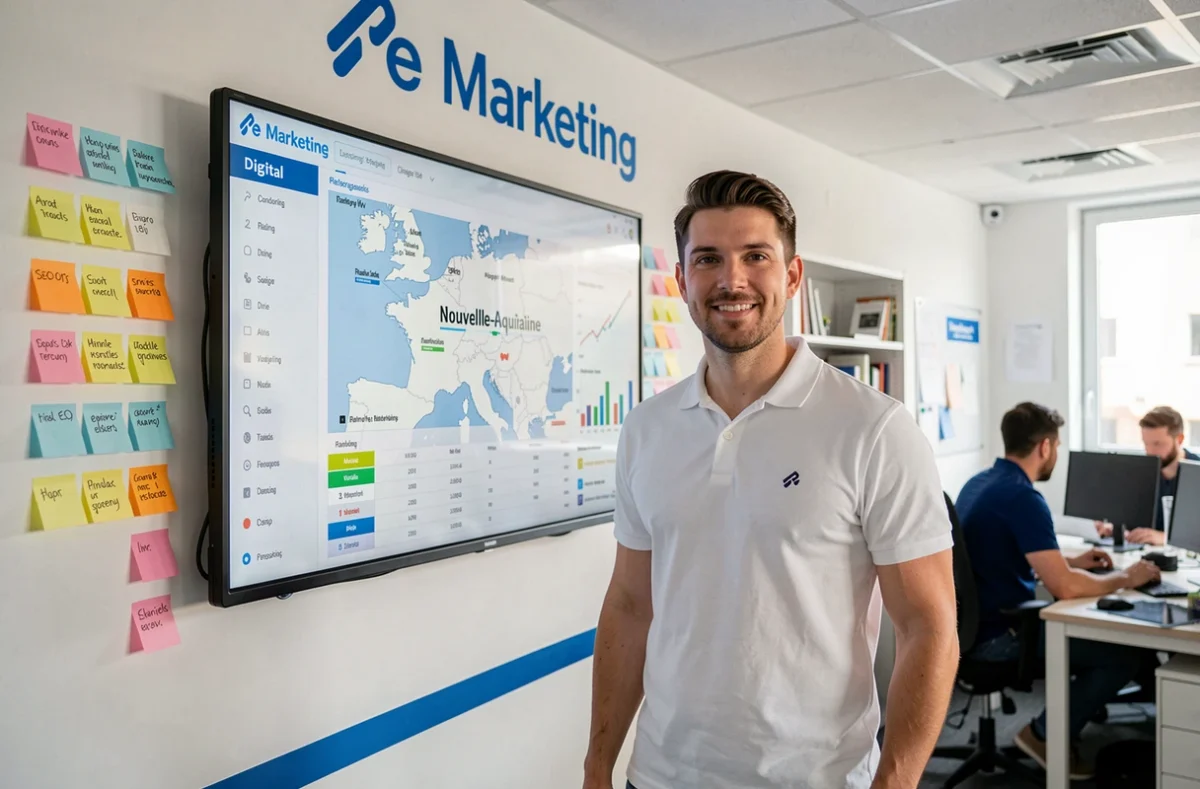 Chef d'équipe de l'agence WebPulse Nouvelle-Aquitaine présentant les résultats d'une campagne SEO régionale sur un écran mural